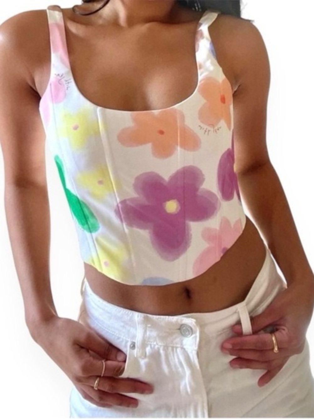 With Jean Pastel Floral Scoop-Neck Cropped Corset Top Size Medium NWOT